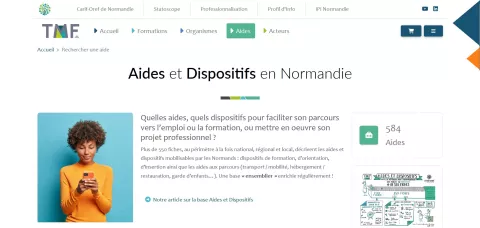 Capture d'&eacute;cran de l'accueil de la section "Aides et Dispositifs en Normandie"