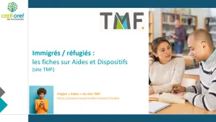 Visuel en deux parties, sur la partie droite, photo d'une femme et d'un homme assis dans une biblioth&egrave;que, l'un apprenant &agrave; l'autre, sur la partie gauche, titre de l'info et logo