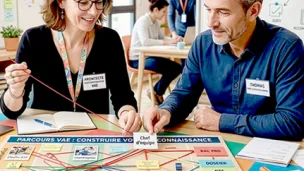 Homme et femme assis devant une table en train de travailler