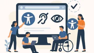 visuel montrant des personnes en situation de handicap face &agrave; un grand &eacute;cran d'ordinateur