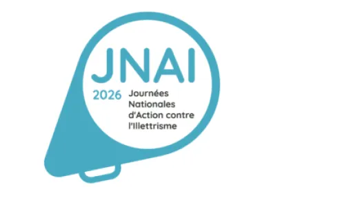 haut parleur bleu turquoise et blanc avec le logo des JNAI 2026 &agrave; l'int&eacute;rieur