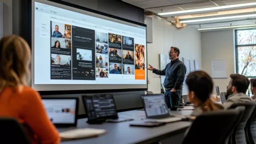 A speaker engages the audience while presenting a digital marketing plan using a large screen in a contemporary classroom