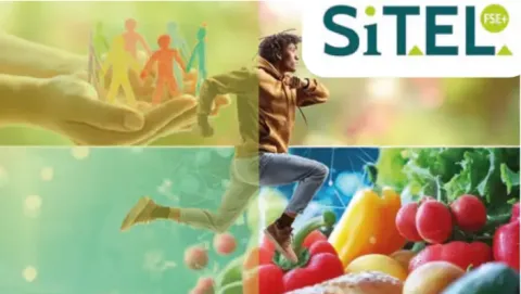 Visuel illustrant le domaine de l'alimentaire avec des fruits et celui de l'aide &agrave; la personne avec des mains tendues. Logo sitel en haut &agrave; gauche