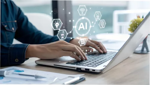 AI agent analyzing data and generating reports. Artificial intelligence and intelligent automation IA technology. Businessman using laptop computer to give instructions to AI at desk in office. See Le